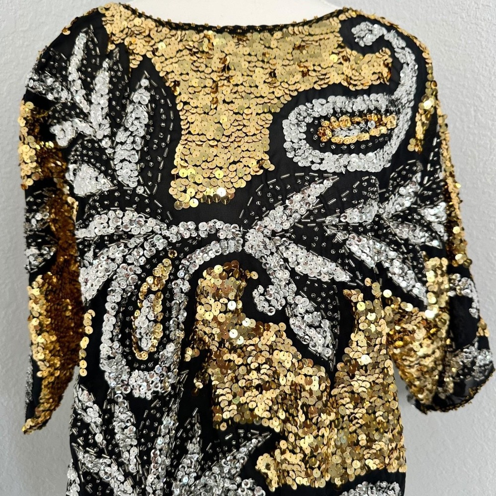 Vintage 1970s Disco‎ Party Glam Gold Silver Black Sequin Beaded Short Sleeve Top